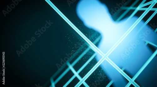 Glowing blue human silhouette trapped inside digital wireframe grid