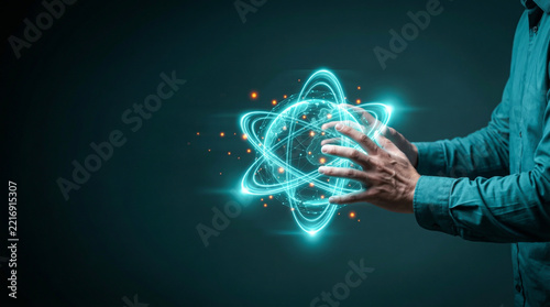 Man holding a complex glowing digital globe with orbital lines and network