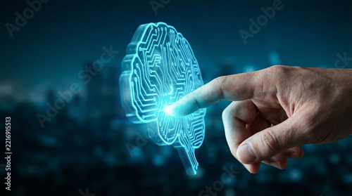 Human finger touching glowing digital AI brain hologram in the dark