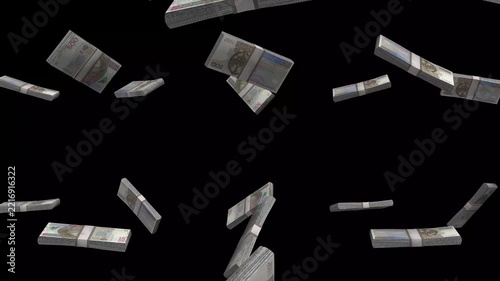 Poland Money, Polish Zloty Banknotes Falling On Black Background, PLN Currency Stacks Dark Cinematic, 4K