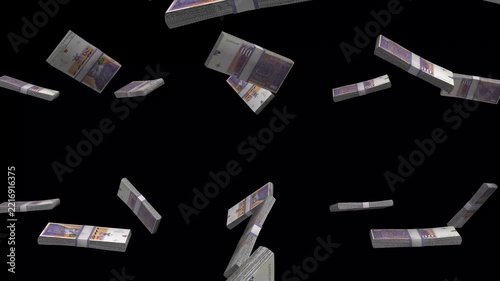 North Macedonia Money, Macedonian Denar Banknotes Falling On Black Background, MKD Currency Stacks Dark Cinematic, 4K