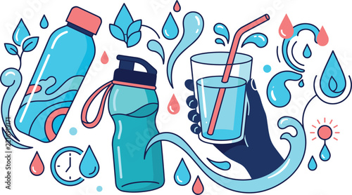 Colorful water hydration illustration featuring bottles droplets glasses and refreshing wellness symbols in vector style