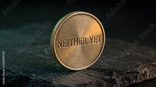 Brass coin engraved with neither yet text standing on edge on dark slate stone background representing decision making and dilemma