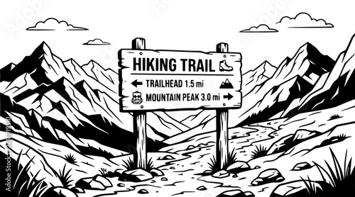 Hiking trail sign with mountains set with simple line art design featuring sketches, drawings, vector graphics with minimalist and simple illustrations