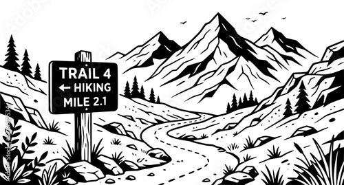 Hiking trail sign mountains vector set with simple line art design featuring line art, illustrations, graphic resources with vector and design elements