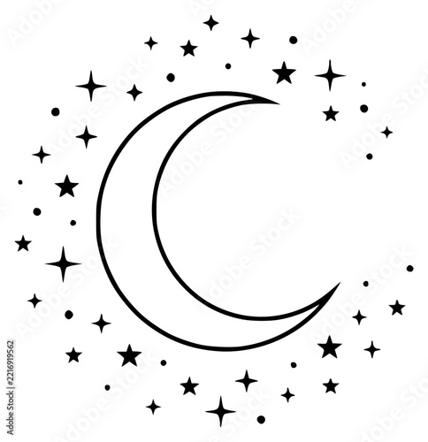 Crescent moon and stars set with simple line art design featuring sketches, drawings, vector graphics with minimalist and simple illustrations