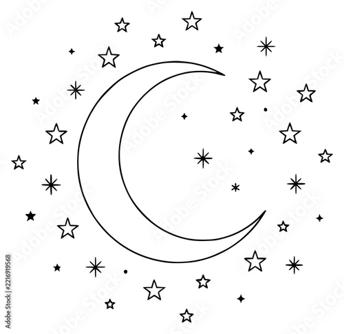 Crescent moon surrounded by stars set with simple line art design featuring outline, illustration, graphic elements with clean design and vector art
