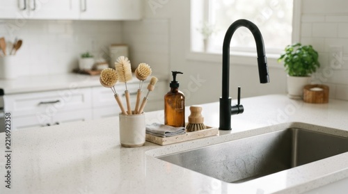 A modern kitchen with a black faucet and white countertops.