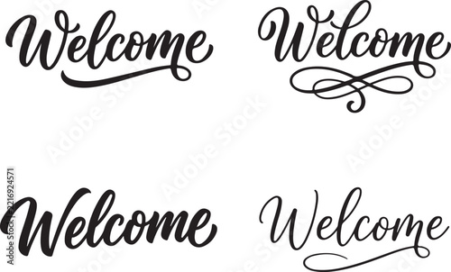 Handwritten typography designs display welcome text in different.