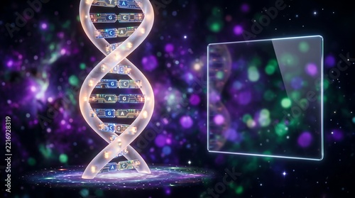 Glowing silver dna double helix model with a digital screen on a dark background