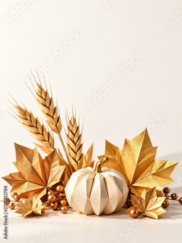 Origami wheat and gold maple leaves with a paper pumpkin for a Thanksgiving b...