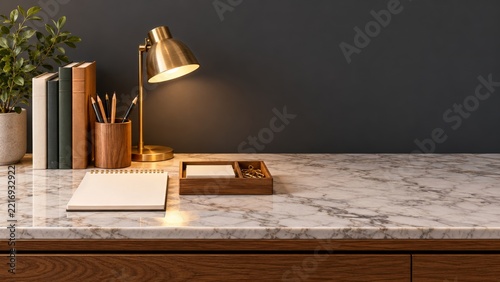 Organized Wooden Study Desk with a Brass Lamp and Leafy Plants