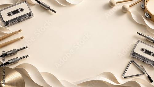 Music accessories and ivory ribbon framing a blank cream tabletop