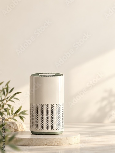 Cream Cylindrical Air Purifier on a Stone Platform beside Green Leaves