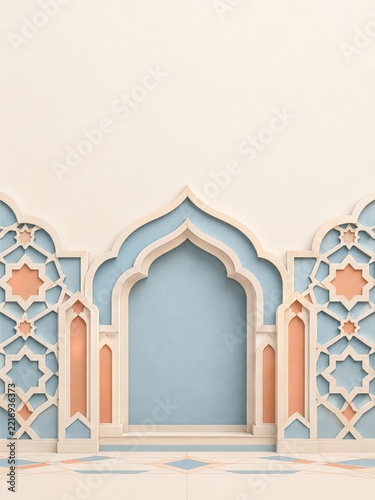 Layered paper blue arch with coral geometric panels on cream