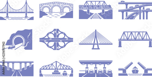 Set of various bridge types, tunnels, highway interchanges, and toll booths icons