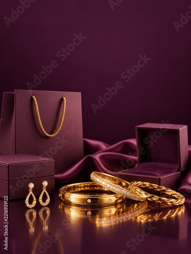 Gold Bangles and Gemstone Earrings with Burgundy Jewelry Packaging