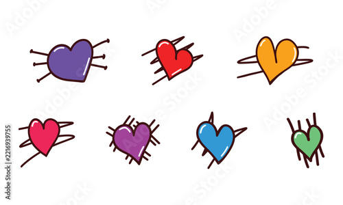 Hand drawn red heart doodle set, sketchy love symbol stickers and romantic crosshatch illustrations isolated on white background