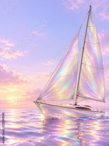 Iridescent sailboat with rainbow glass sails over a lavender sunset sea