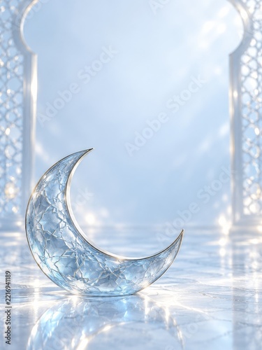 Frosted blue glass crescent with silver edges in a luminous arch