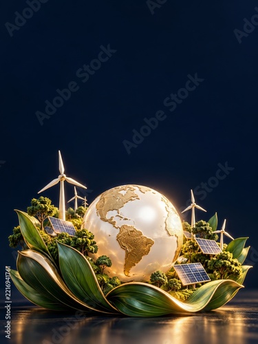 Gold and Cream Globe nestled in Green Leaves with Solar Panels and Turbines