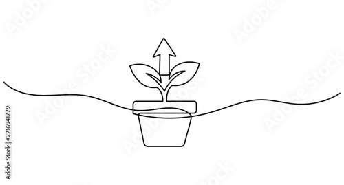 Potted plant line art, growing seedling with upward arrow editable stroke vector illustration.