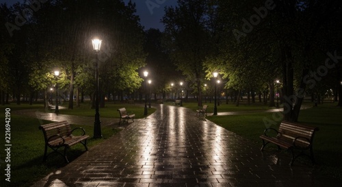 A rainy night scene in a park with illuminated pathway and benches beneath the trees