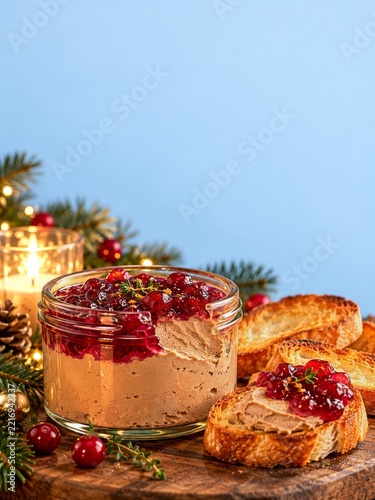 Chicken liver pate with cranberry jelly and toast on pale blue