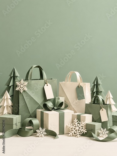 Sage and Cream Paper Shopping Bags with Origami Trees and Gift Boxes