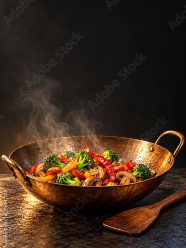 Steaming Vegetables in a Hammered Bronze Wok on a Dark Stone Counter
