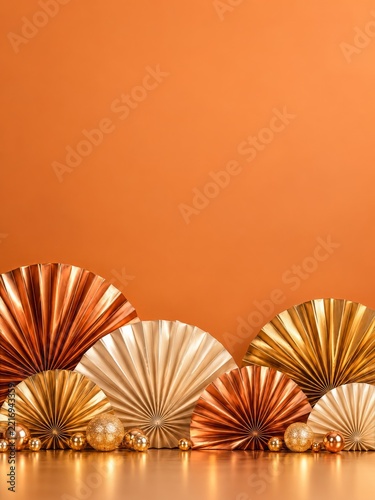 Pleated copper and cream foil fans with golden spheres on tangerine