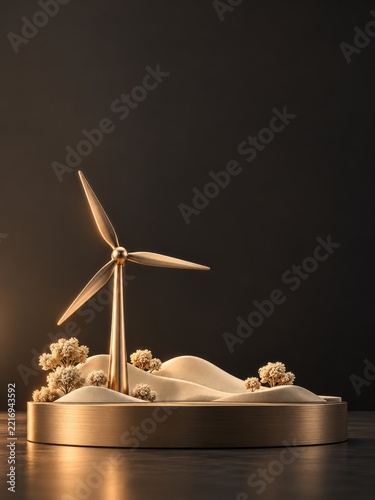 Golden Wind Turbine Sculpture on a Circular Base with Cream Hills and Trees