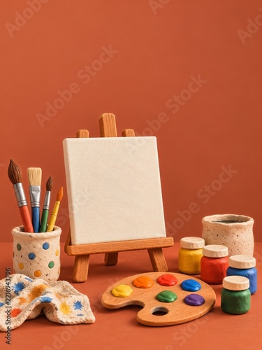 Clay Art Easel and Colorful Paint Supplies against a Terracotta Wall