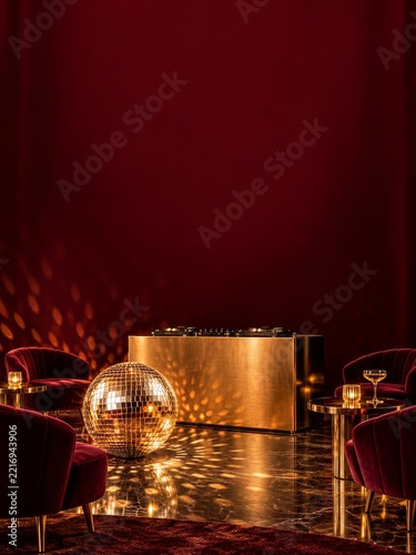 Velvet Lounge Chairs with a Gold DJ Table and Mirrored Ball Against Burgundy