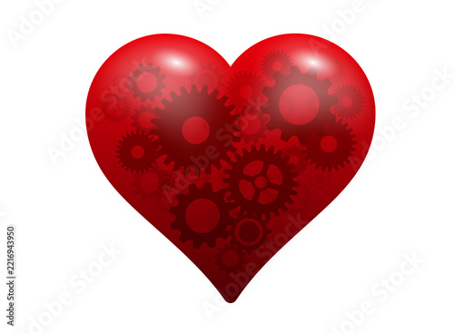 Red heart with internal gears mechanism illustrating love and logic