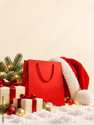 Red Shopping Bag and Fluffy Santa Hat with White Gifts on Snow