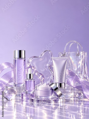 Lavender Skincare in Glass Containers with Iridescent Bag and Silver Caps