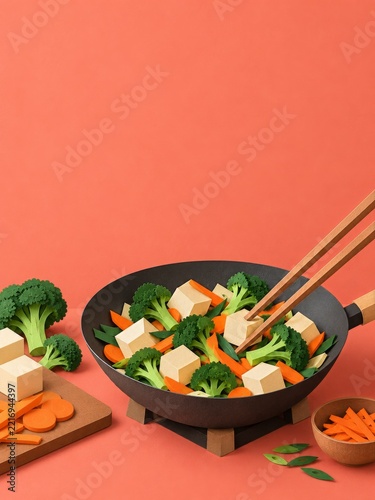 Paper Tofu and Vegetable Stir Fry in a Black Wok on a Coral Background