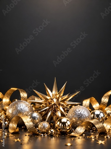 Metallic Starburst with Silver Spheres and Curled Gold Ribbons Against Charcoal