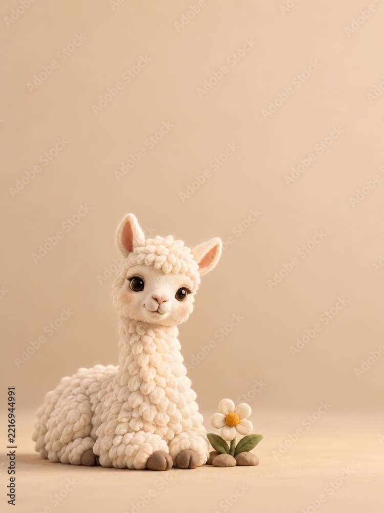 Fototapeta premium Cream Alpaca Figurine Resting Beside a Daisy Against a Warm Beige Backdrop