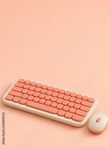 Coral Keyboard and Cream Mouse on a Peach Surface with Upper Space