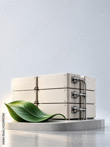 Stacked Cream Energy Storage Modules with Silver Pipes and a Green Leaf