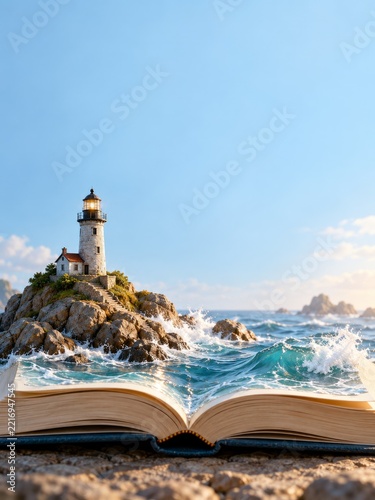 Miniature Lighthouse and Ocean Waves Rising from a Book Against Pale Blue