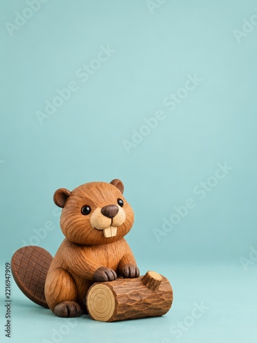 Carved Wooden Beaver Beside a Small Log Against a Soft Turquoise Backdrop