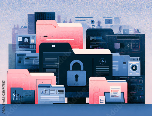 Stylized digital illustration of protected folders and files with a central lock symbol, representing data security, privacy, storage, and digital protection.