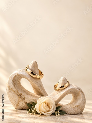 Sculptural Stone Ring Holders with Gold Bands and an Ivory Rose