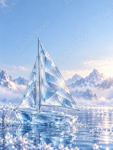 Crystalline blue sailboat among icy facets beneath pale snowy mountains