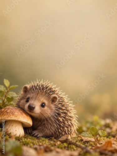 Small Hedgehog Beside a Brown Mushroom on a Warm Mossy Woodland Floor