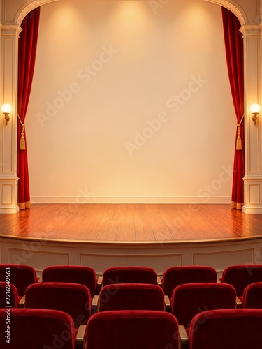 Empty Warm Theater Stage with Red Curtains and Rows of Velvet Seats