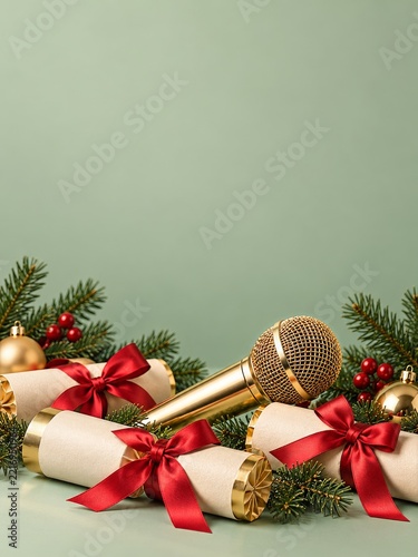 Christmas Crackers with Red Bows, Gold Microphone and Evergreen Against Sage